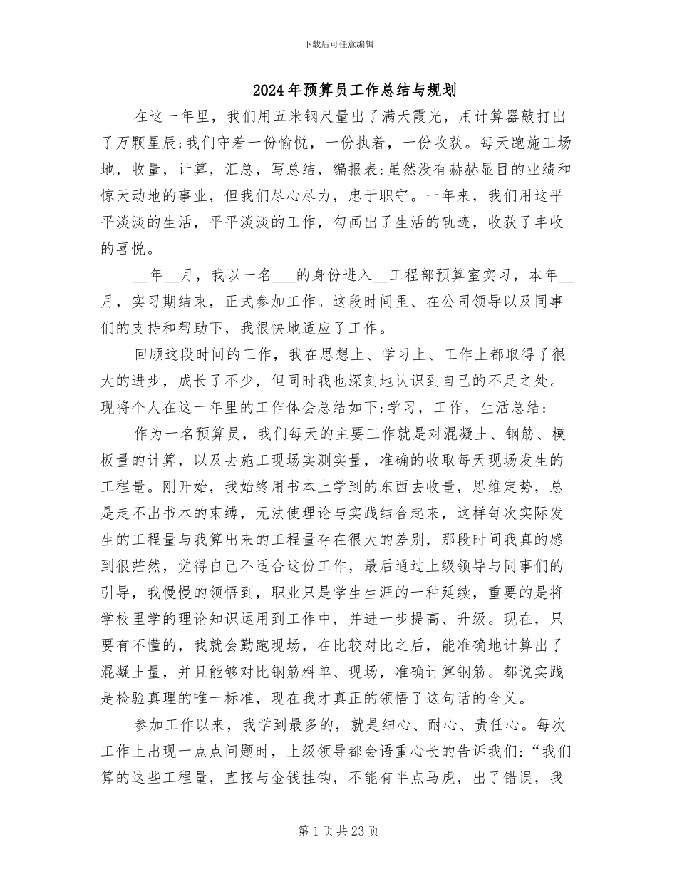 2024年预算员工作总结与规划_第1页
