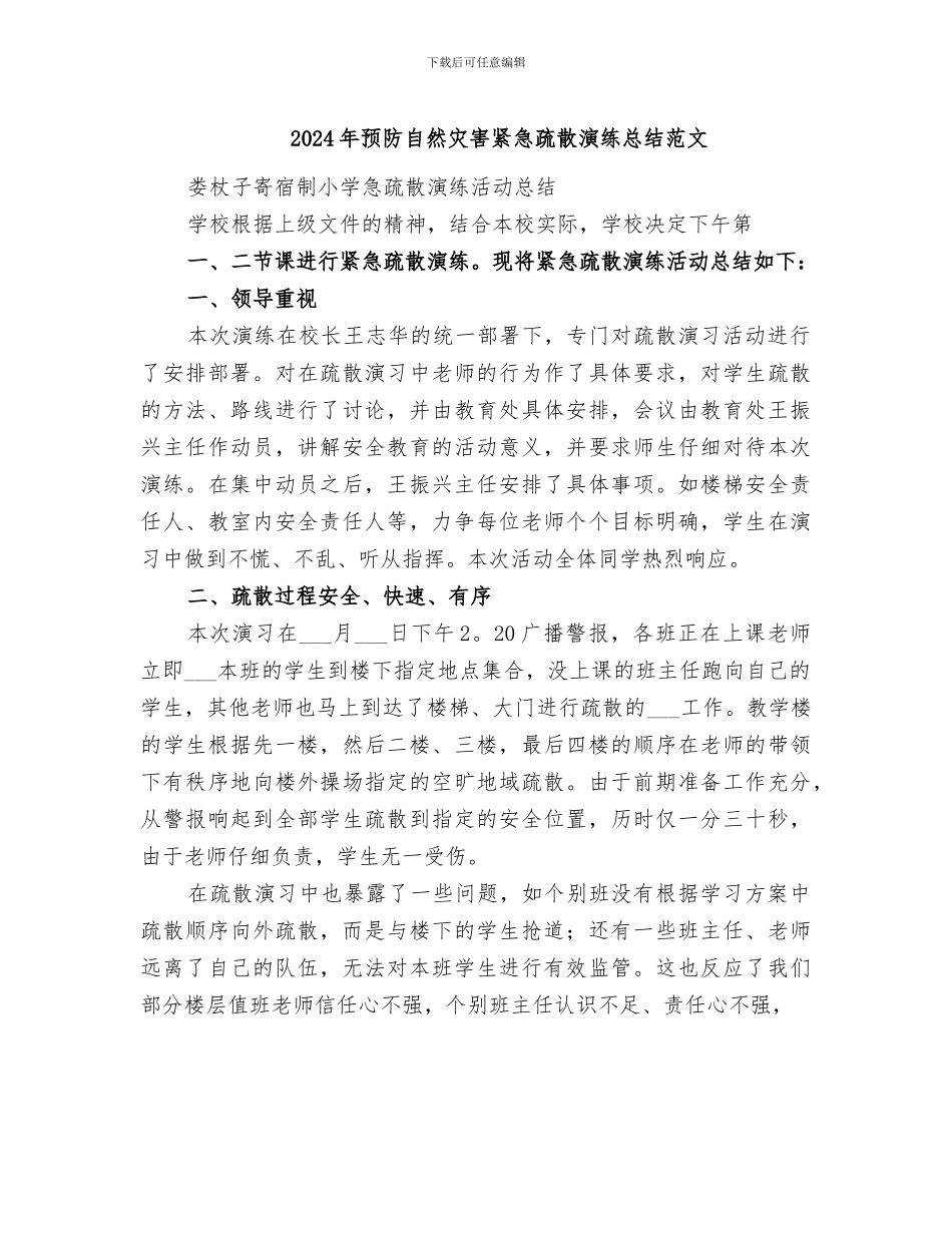 2024年预防自然灾害紧急疏散演练总结范文_第1页