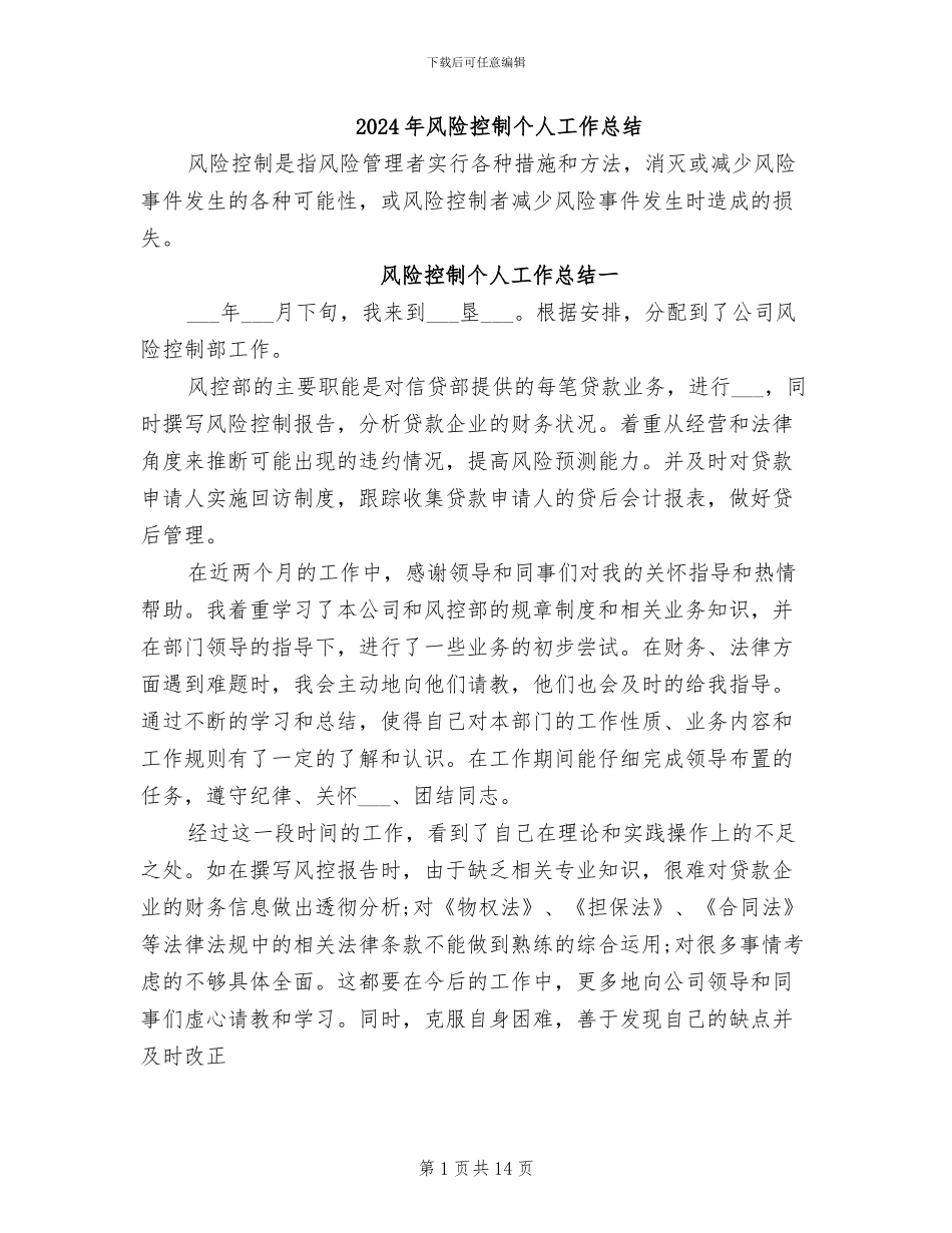 2024年风险控制个人工作总结_第1页