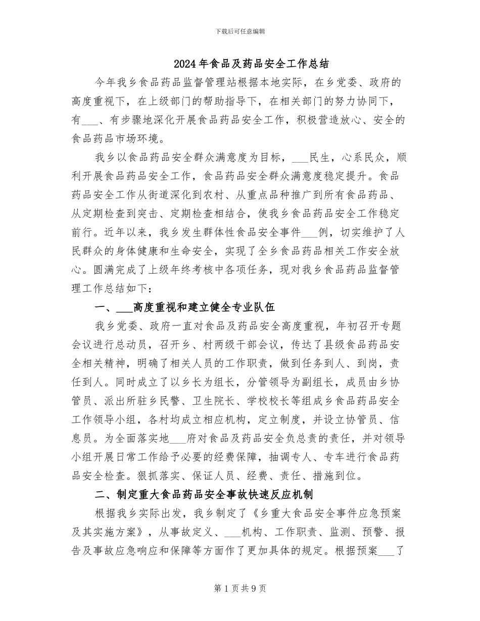 2024年食品及药品安全工作总结_第1页