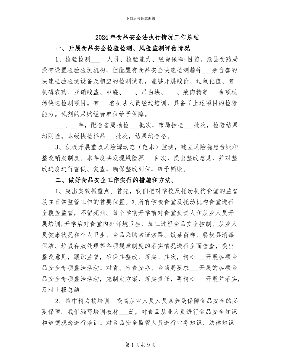 2024年食品安全法执行情况工作总结_第1页