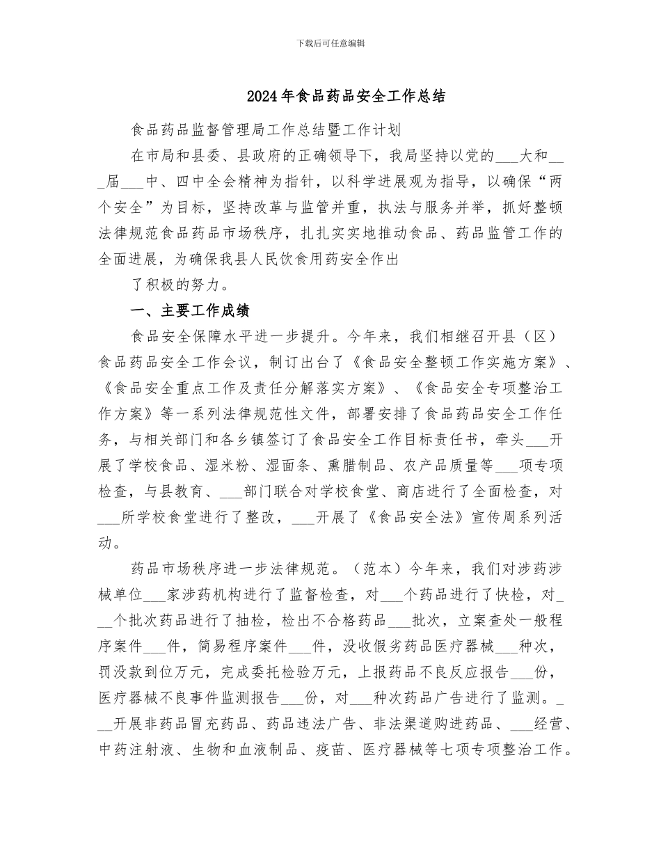 2024年食品药品安全工作总结_第1页