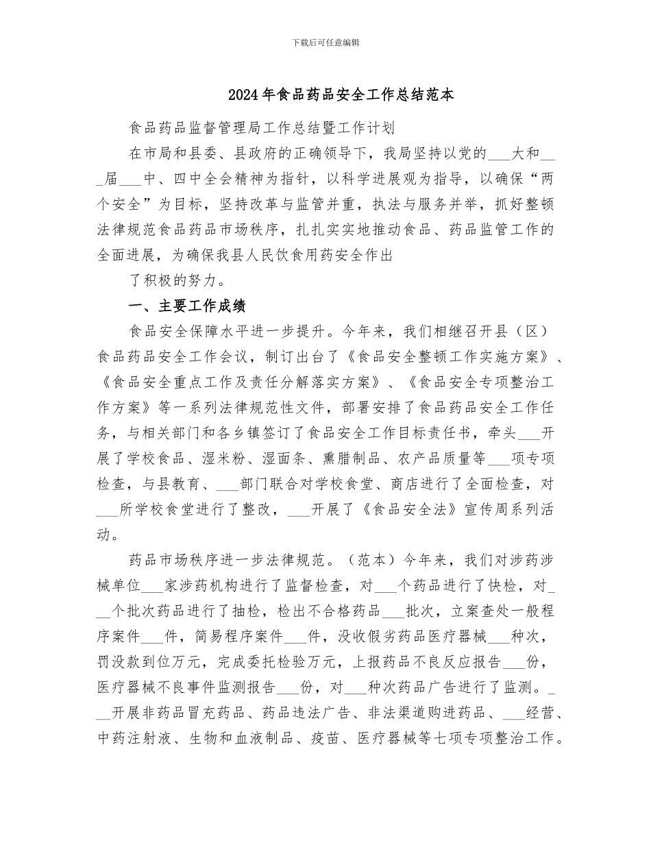 2024年食品药品安全工作总结范本_第1页