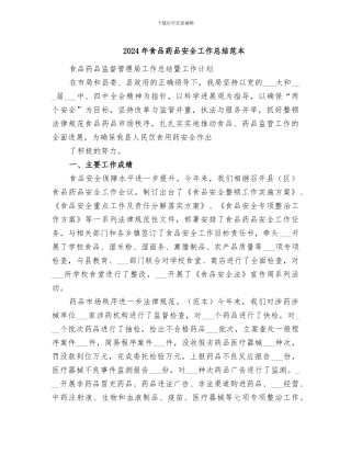 2024年食品药品安全工作总结范本