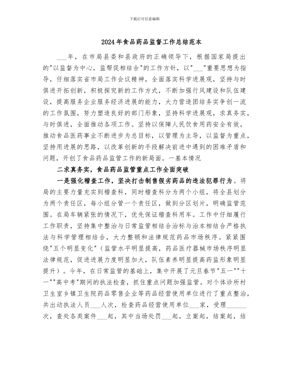 2024年食品药品监督工作总结范本_第1页