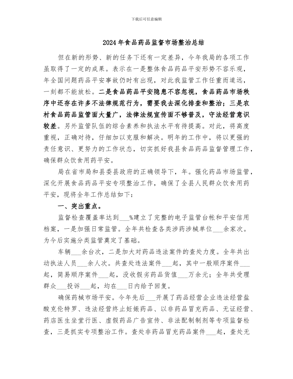 2024年食品药品监督市场整治总结_第1页
