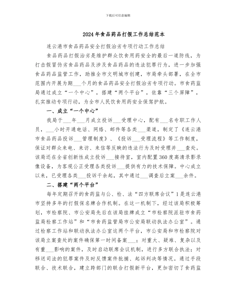 2024年食品药品打假工作总结范本_第1页