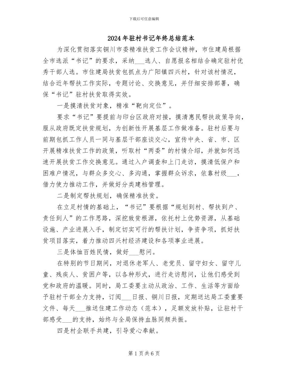 2024年驻村书记年终总结范本_第1页