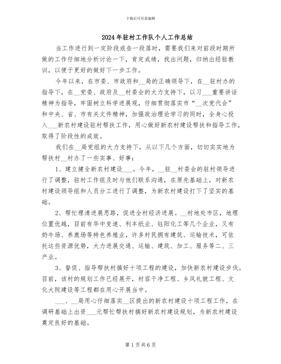 2024年驻村工作队个人工作总结_第1页