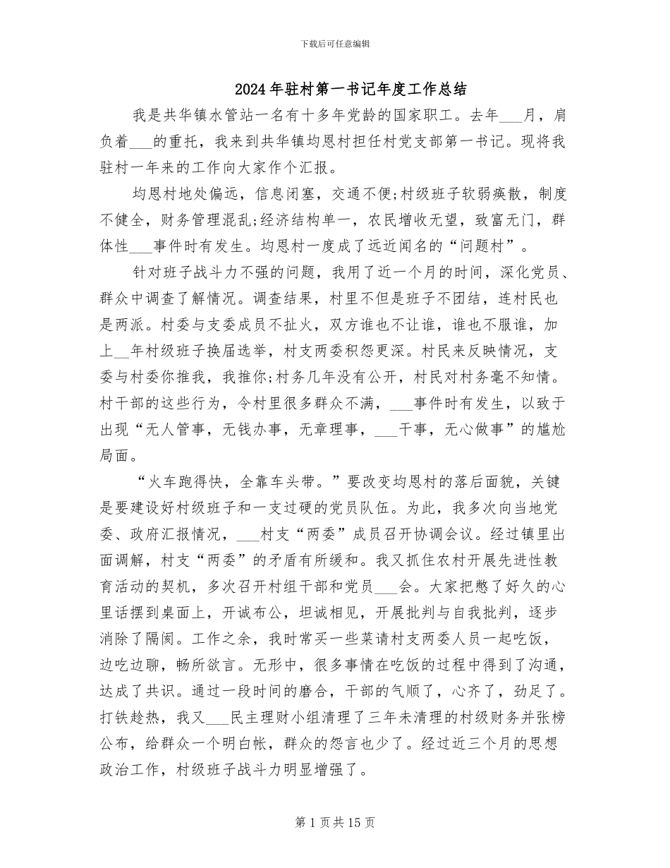 2024年驻村第一书记年度工作总结_第1页