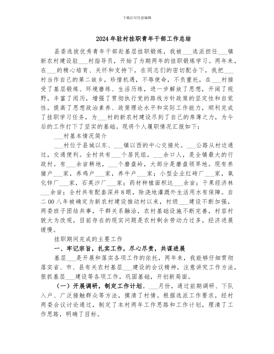 2024年驻村挂职青年干部工作总结_第1页