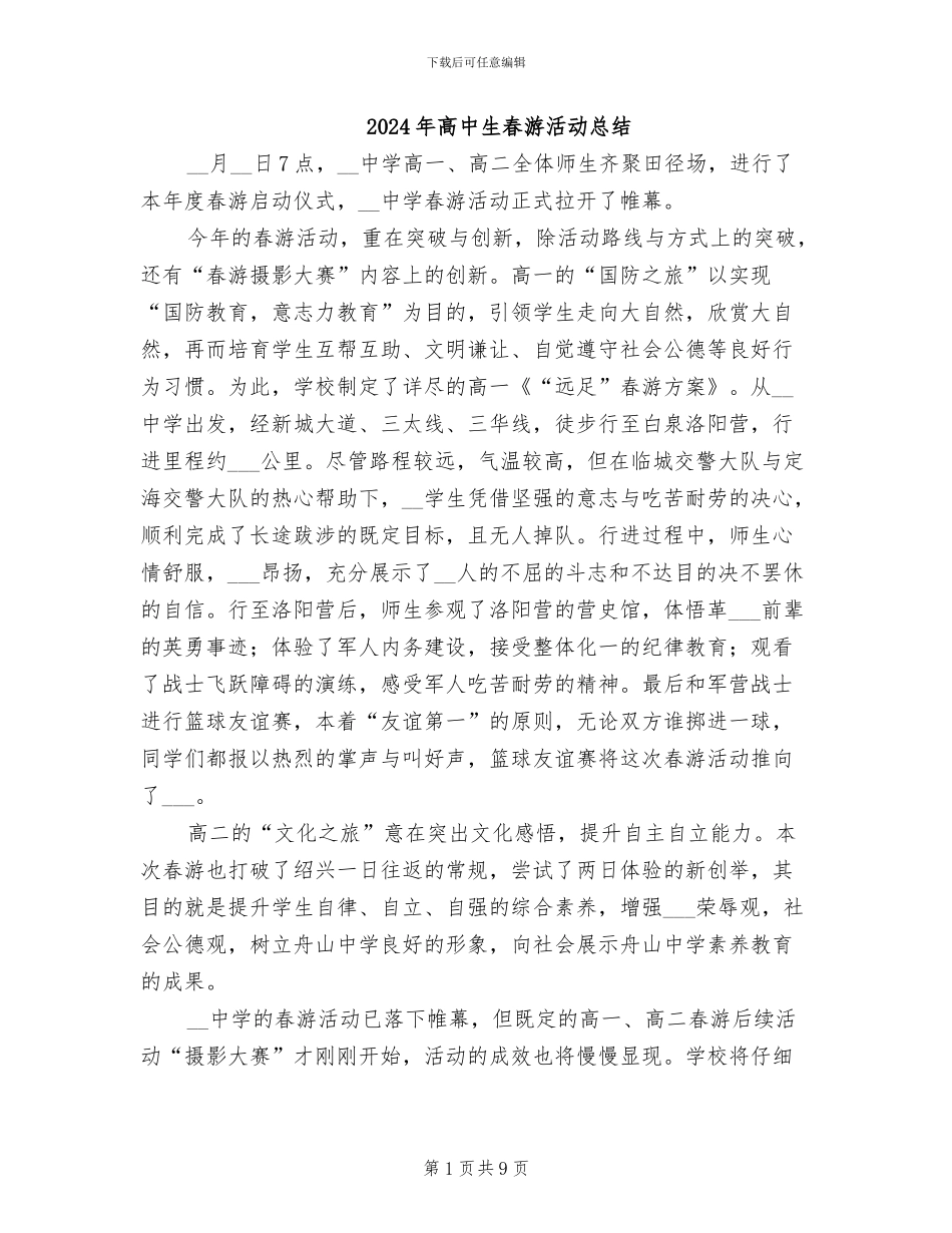 2024年高中生春游活动总结_第1页
