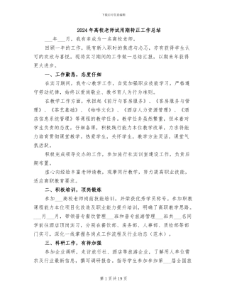 2024年高校教师试用期转正工作总结