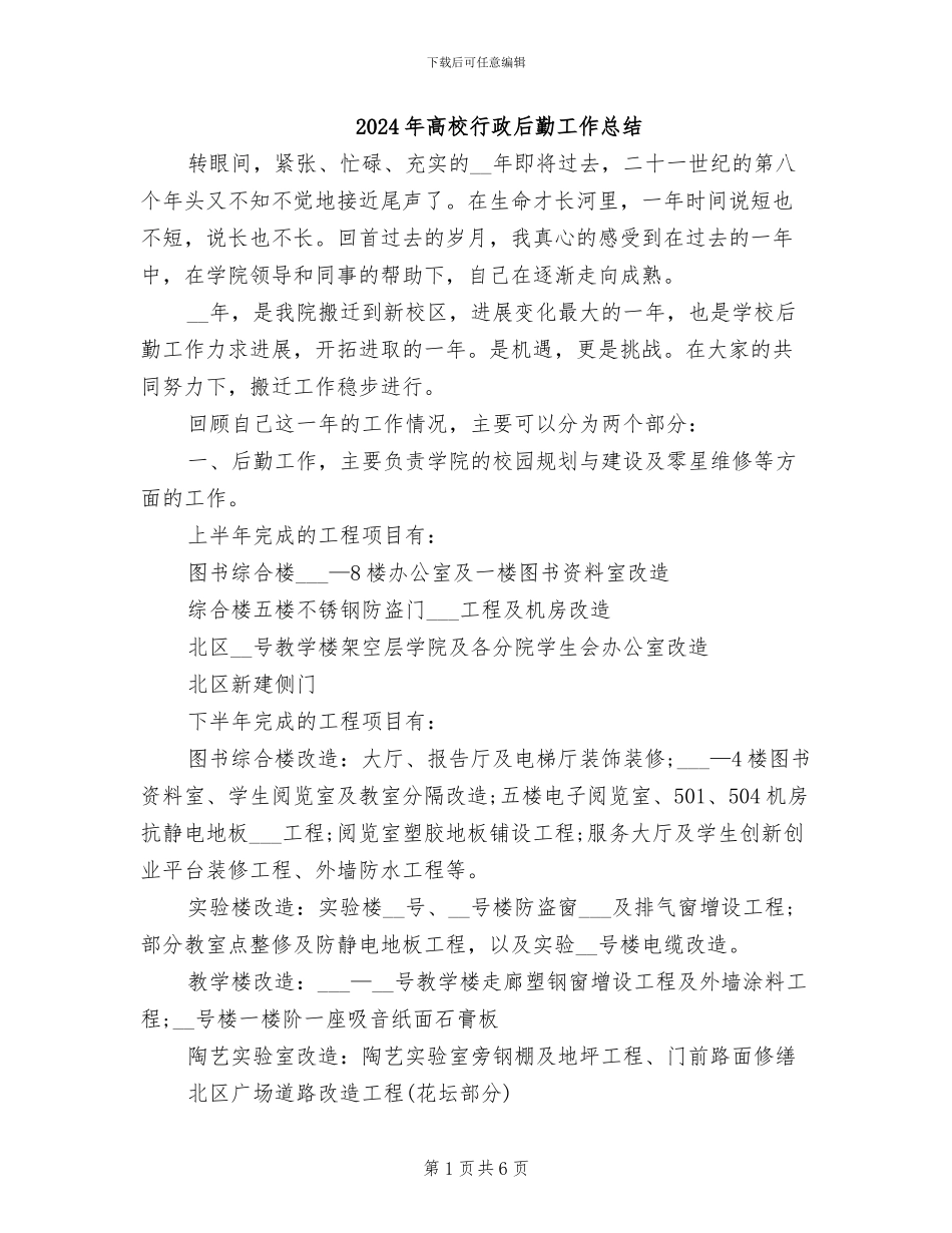 2024年高校行政后勤工作总结_第1页
