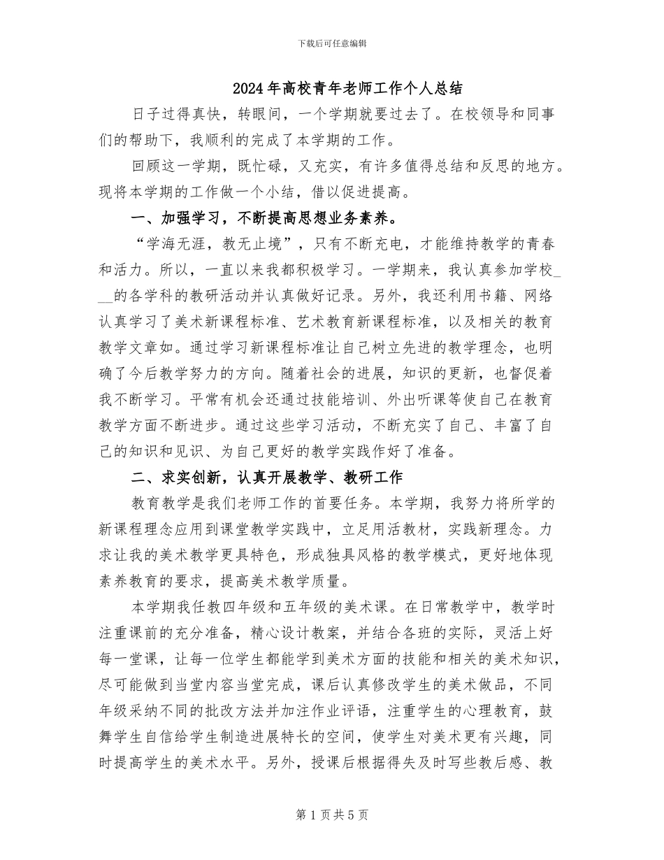 2024年高校青年教师工作个人总结_第1页
