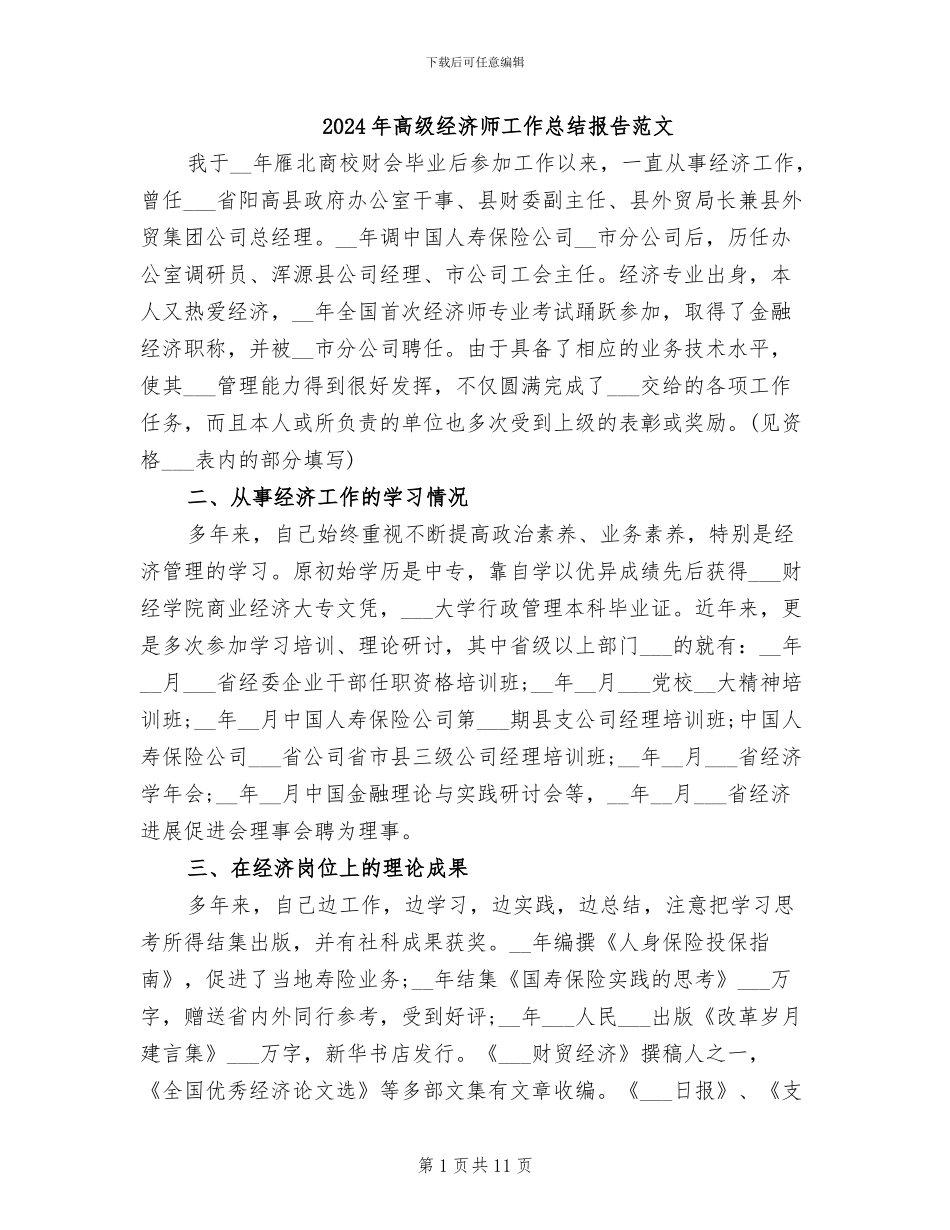 2024年高级经济师工作总结报告范文_第1页