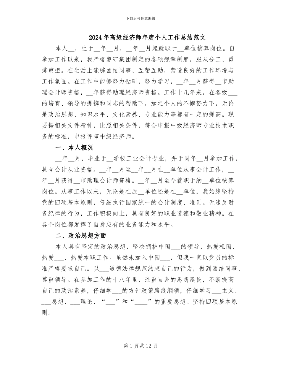 2024年高级经济师年度个人工作总结范文_第1页