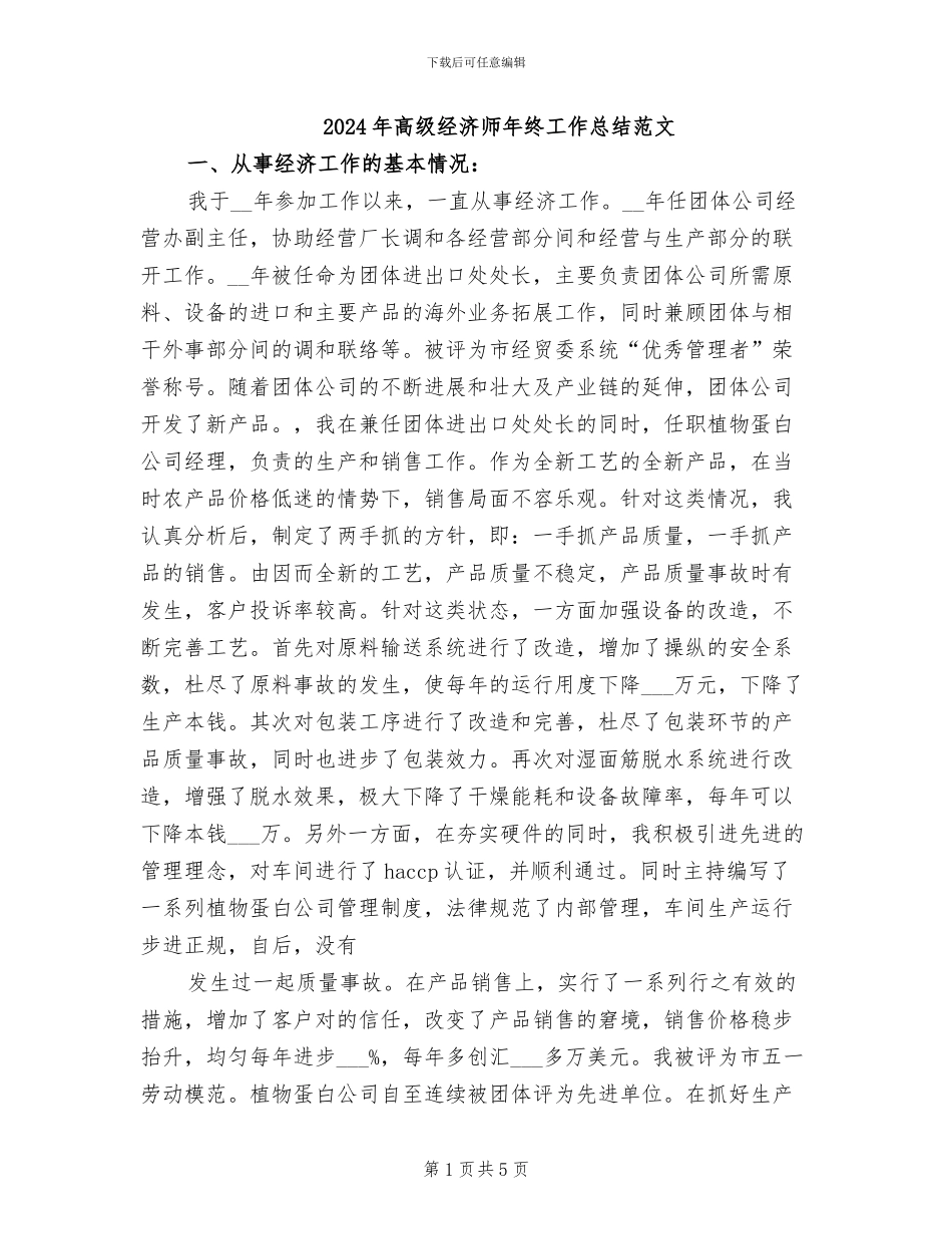 2024年高级经济师年终工作总结范文_第1页