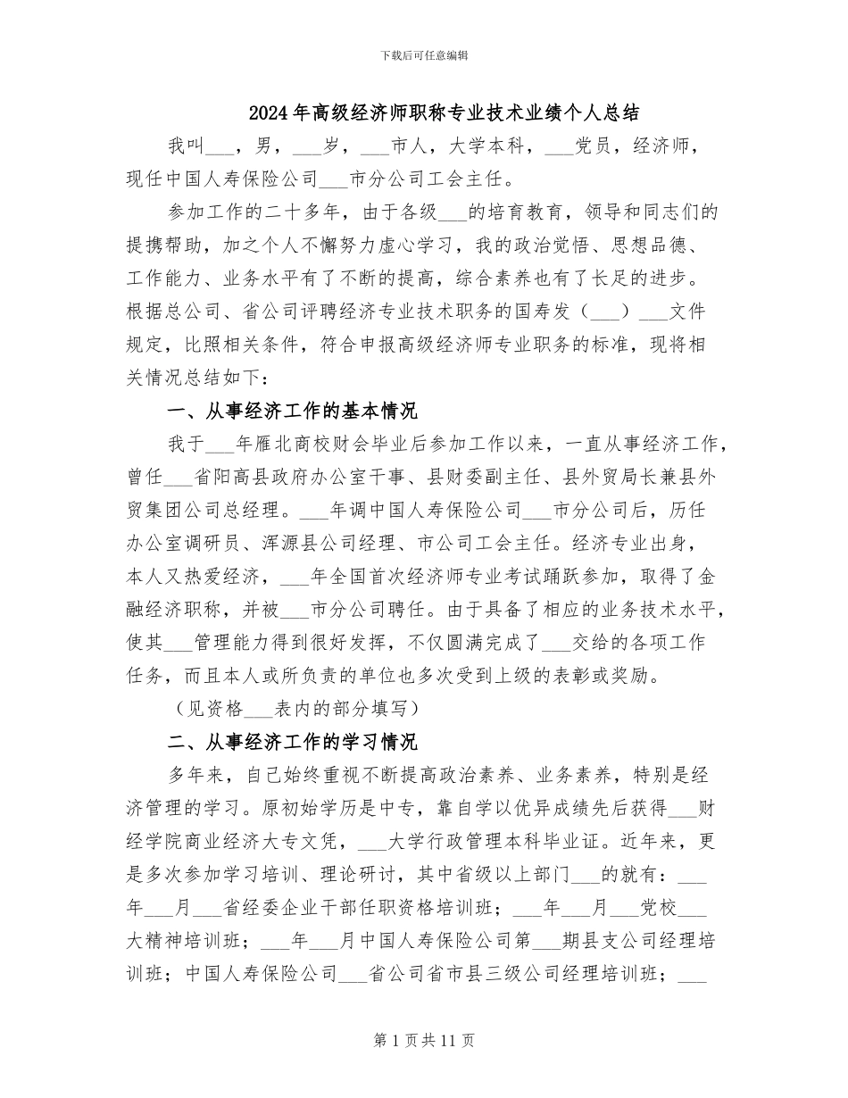 2024年高级经济师职称专业技术业绩个人总结_第1页