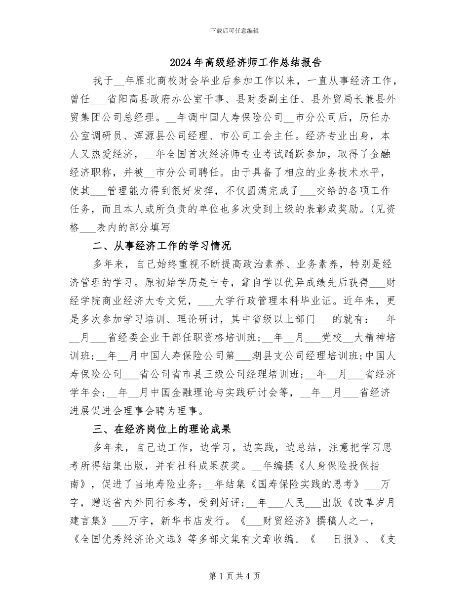 2024年高级经济师工作总结报告_第1页