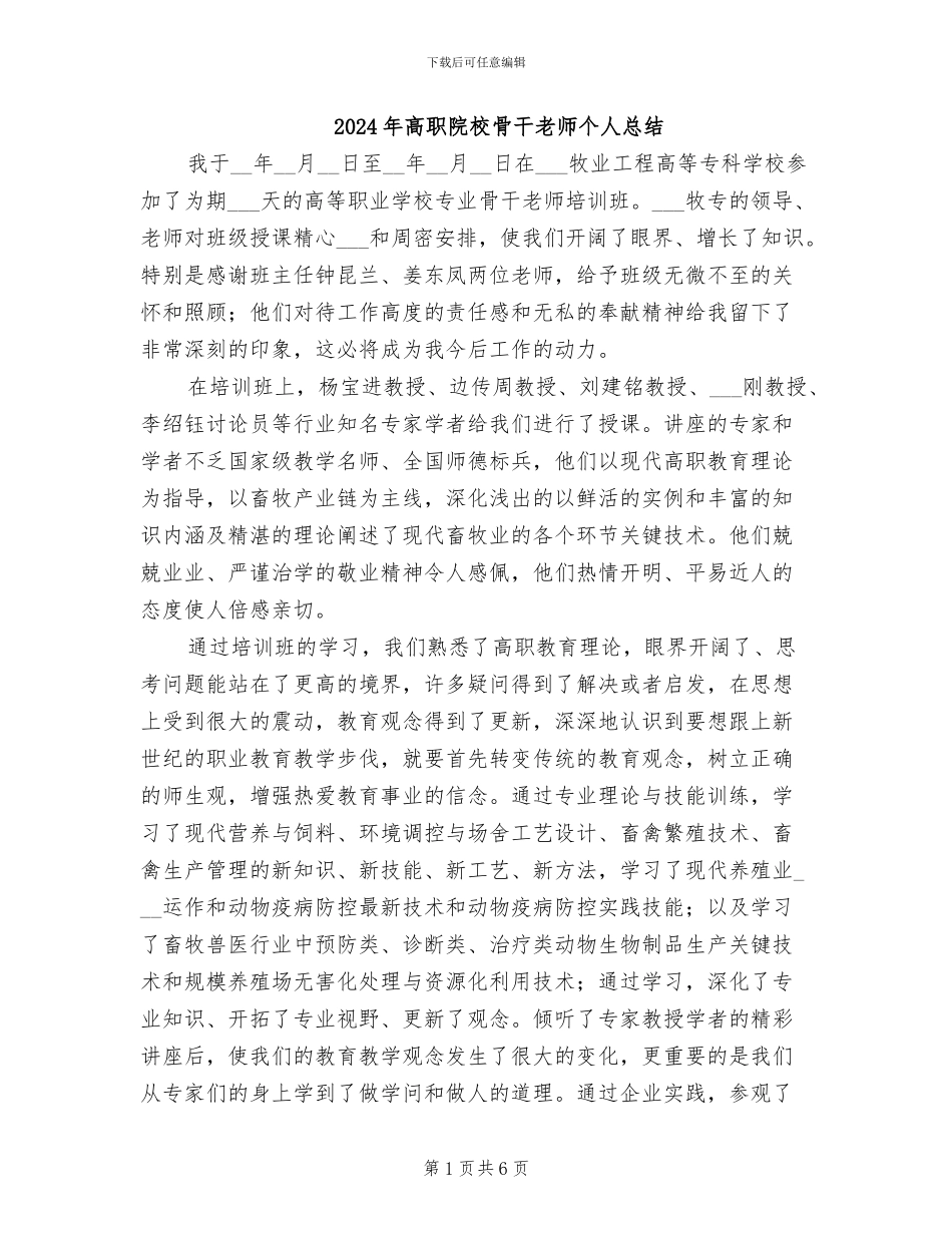 2024年高职院校骨干教师个人总结_第1页