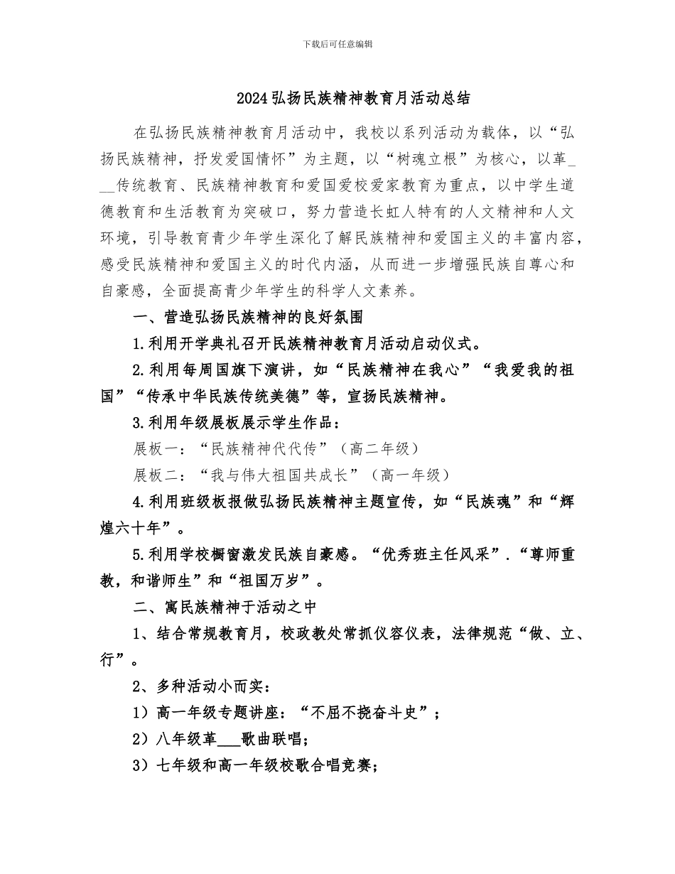 2024弘扬民族精神教育月活动总结_第1页