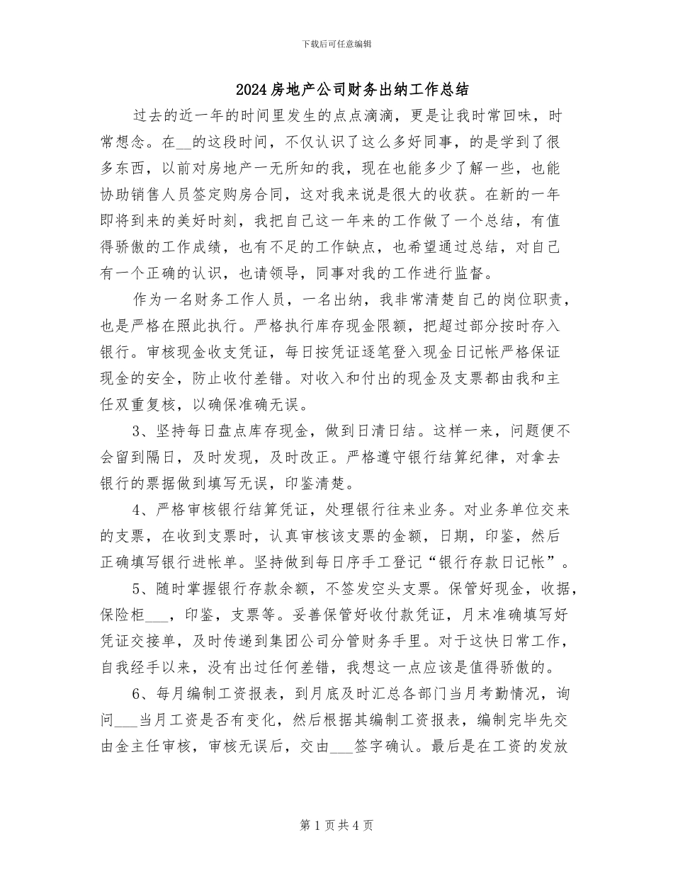 2024房地产公司财务出纳工作总结_第1页