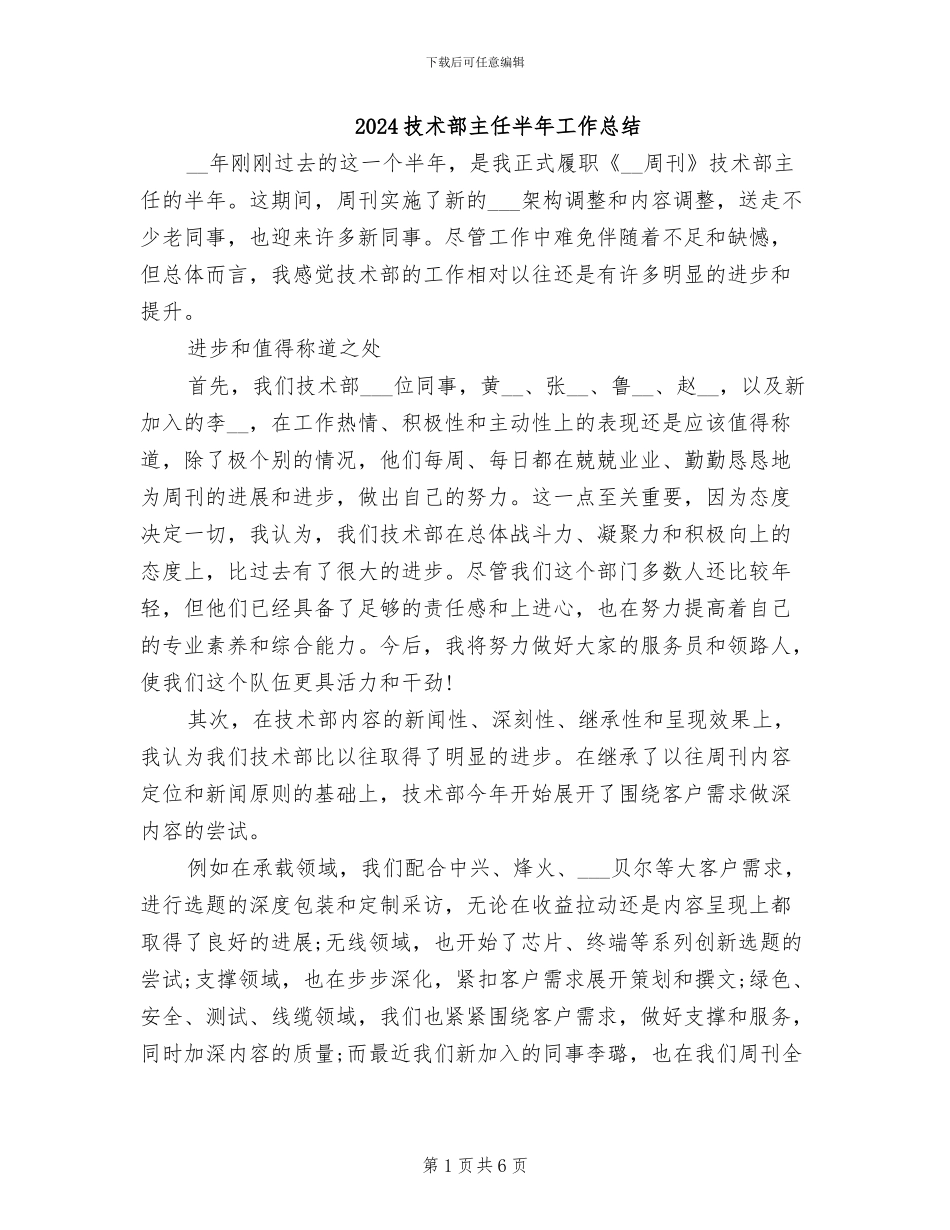 2024技术部主任半年工作总结_第1页