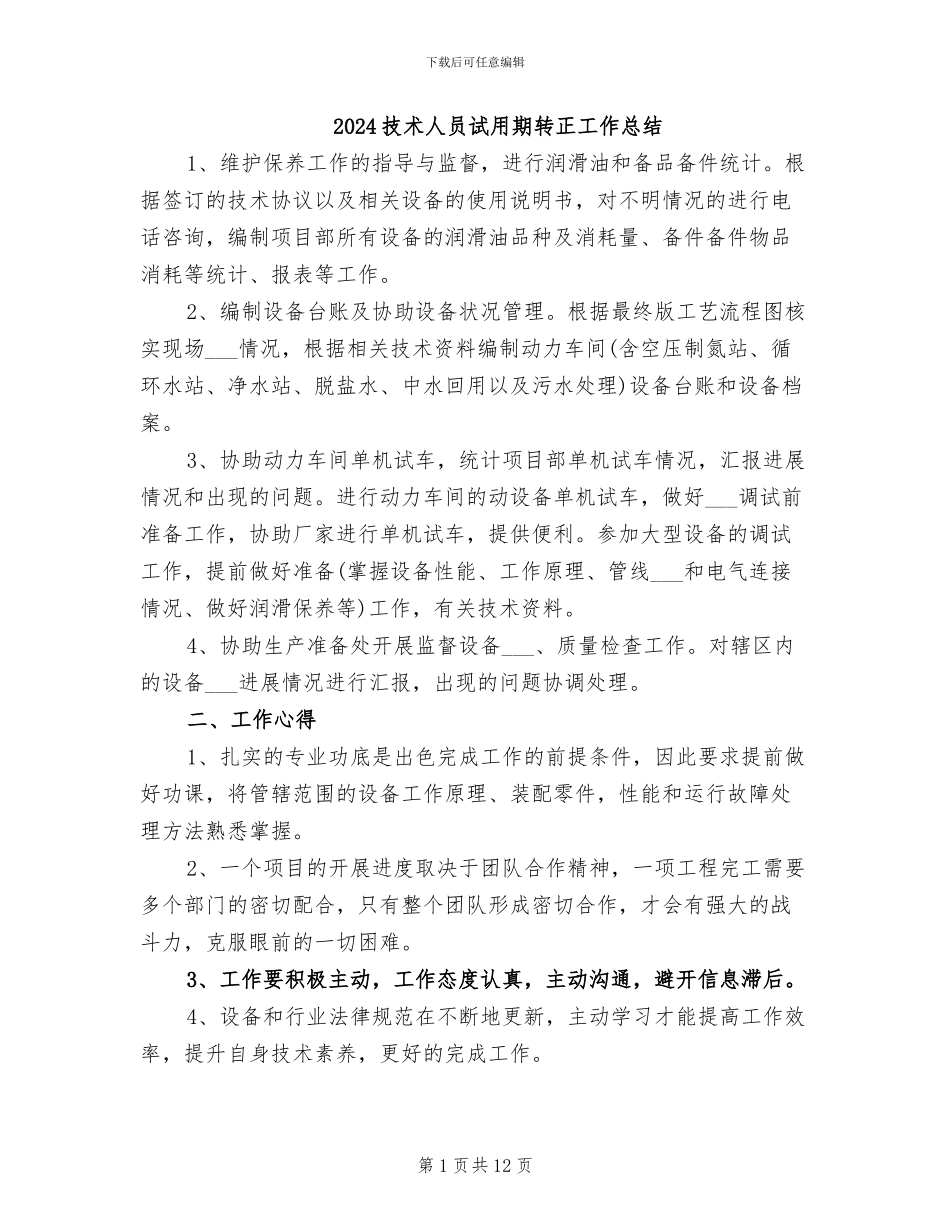 2024技术人员试用期转正工作总结_第1页