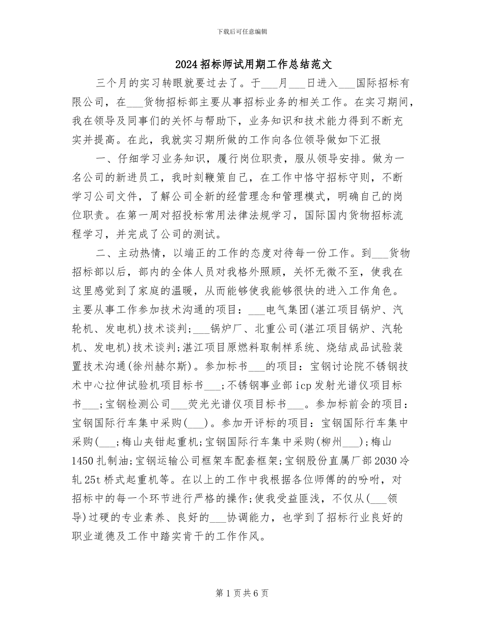 2024招标师试用期工作总结范文_第1页