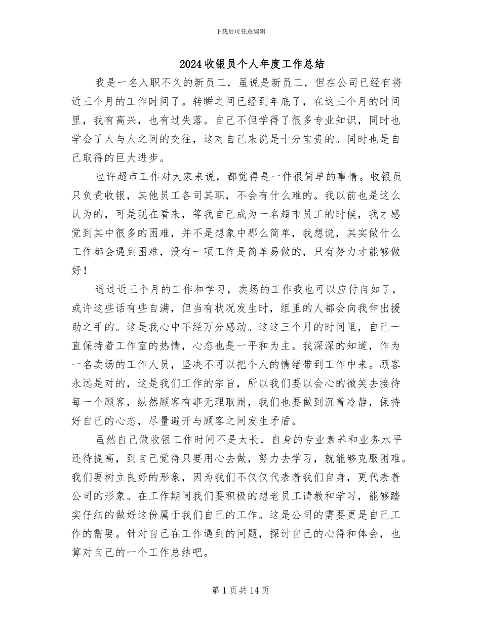 2024收银员个人年度工作总结_第1页