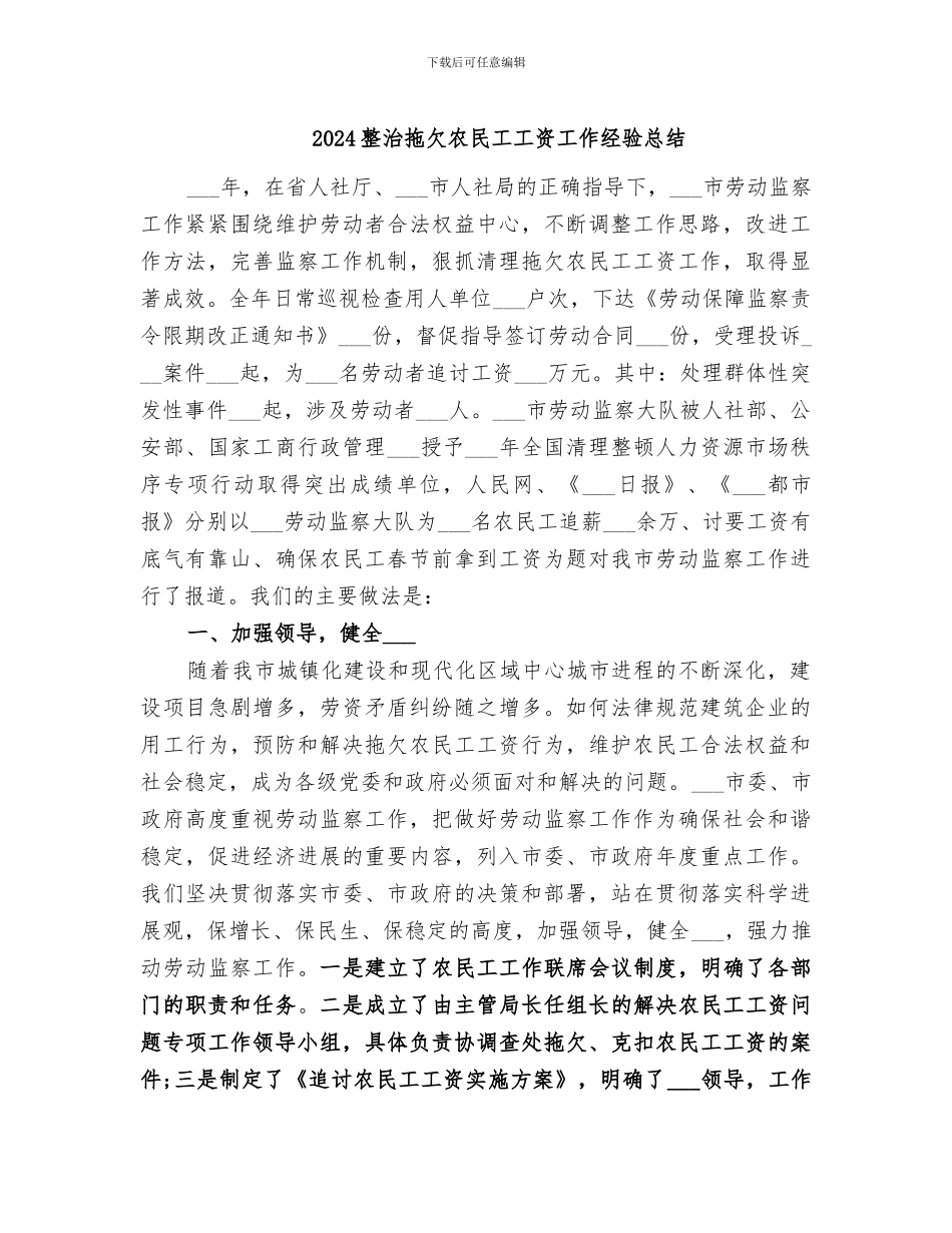 2024整治拖欠农民工工资工作经验总结_第1页