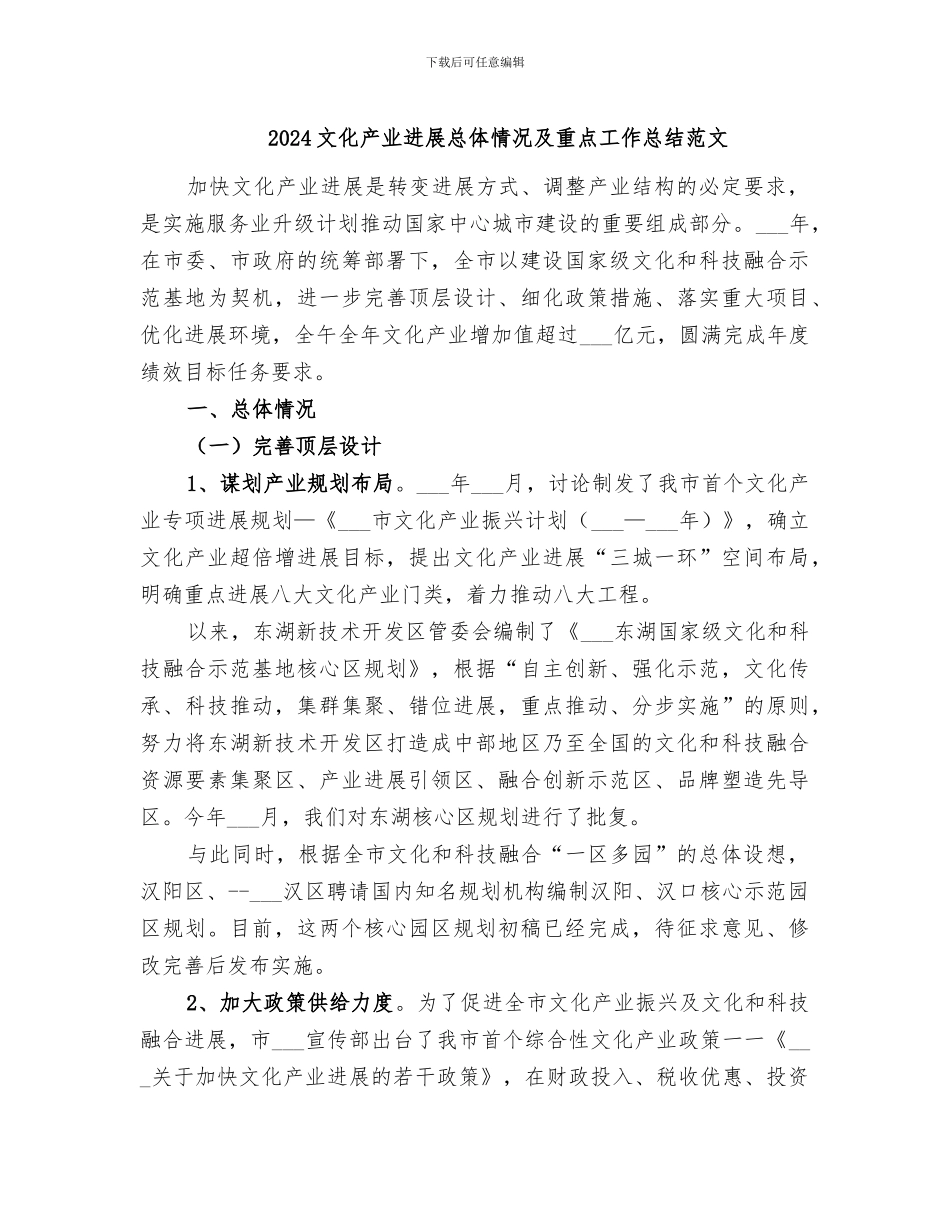 2024文化产业发展总体情况及重点工作总结范文_第1页