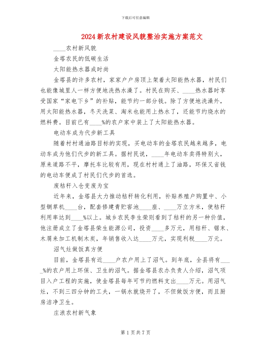 2024新农村建设风貌整治实施方案范文_第1页