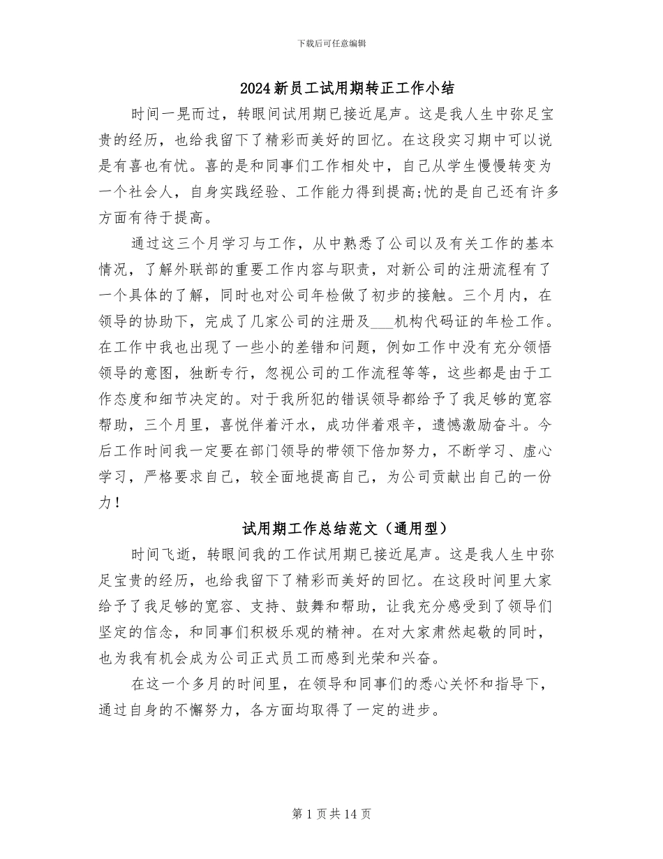 2024新员工试用期转正工作小结_第1页