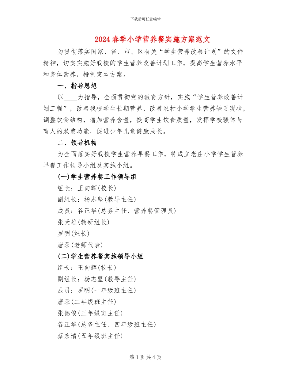 2024春季小学营养餐实施方案范文_第1页