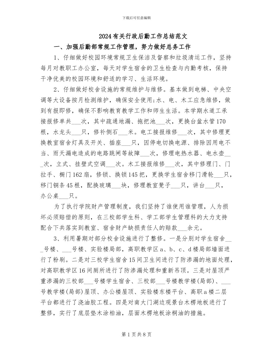 2024有关行政后勤工作总结范文_第1页