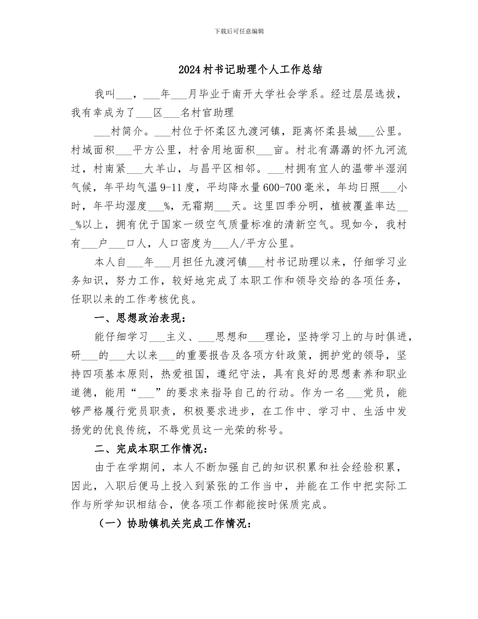 2024村书记助理个人工作总结_第1页