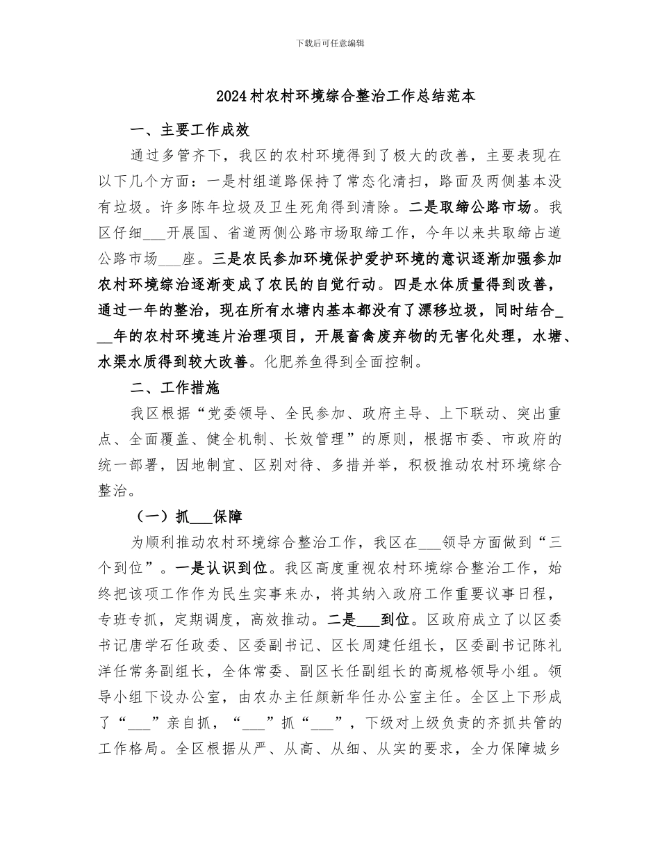 2024村农村环境综合整治工作总结范本_第1页