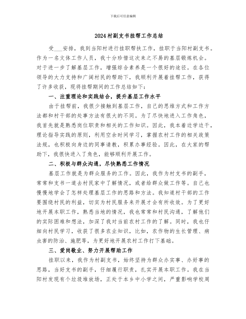 2024村副支书挂帮工作总结_第1页