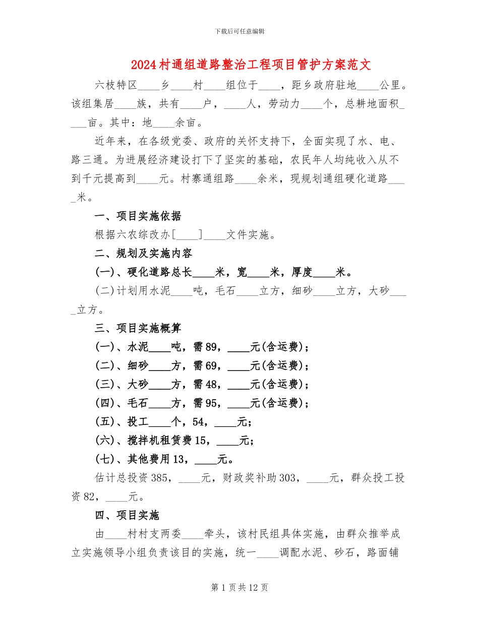 2024村通组道路整治工程项目管护方案范文_第1页