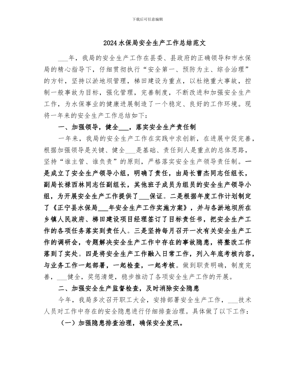 2024水保局安全生产工作总结范文_第1页