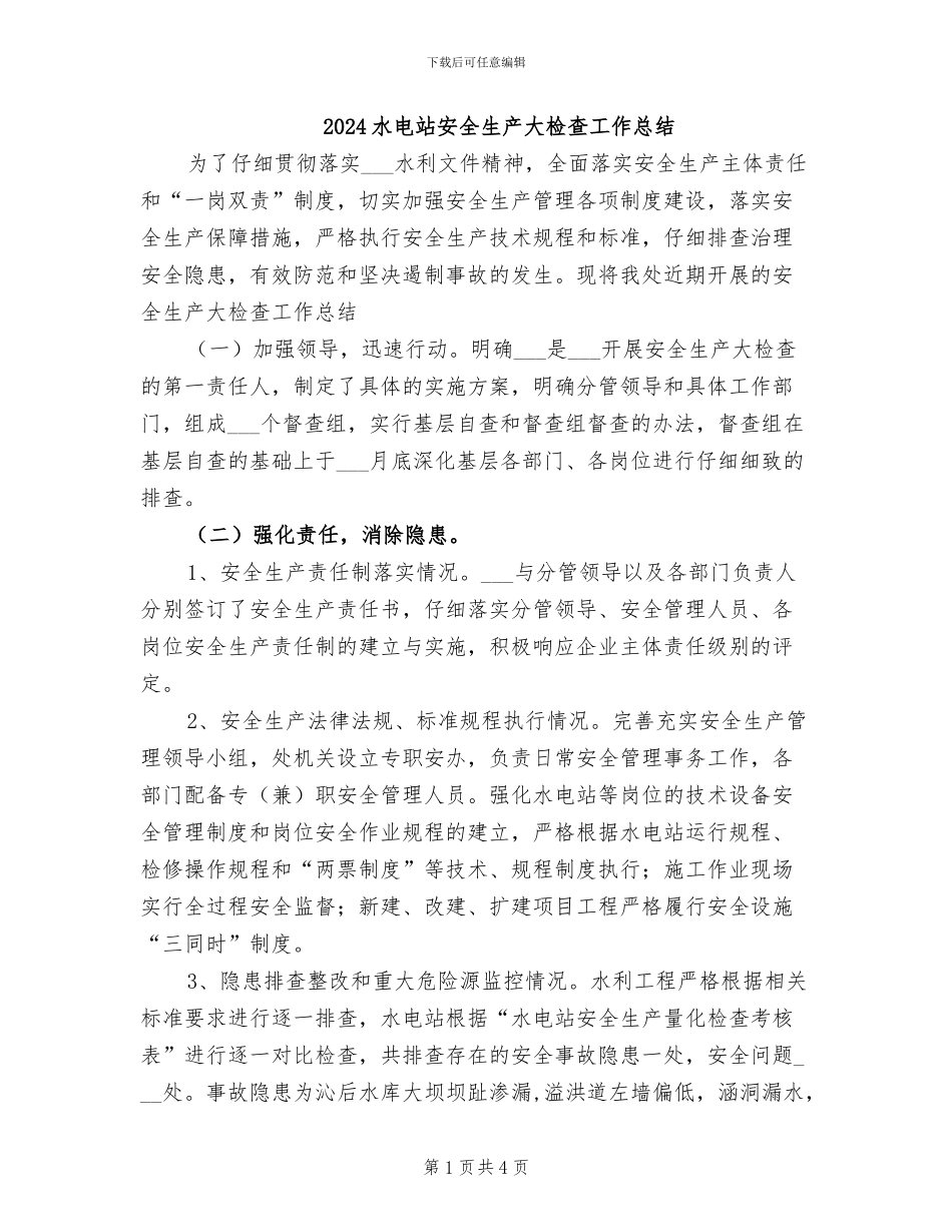 2024水电站安全生产大检查工作总结_第1页