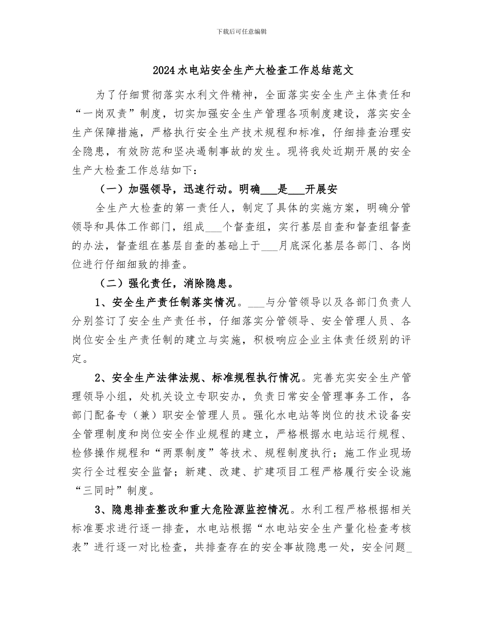 2024水电站安全生产大检查工作总结范文_第1页