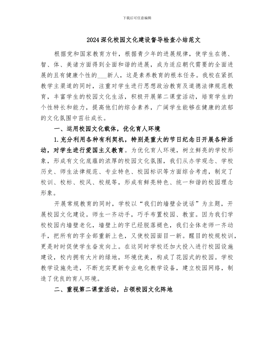 2024深化校园文化建设督导检查小结范文_第1页