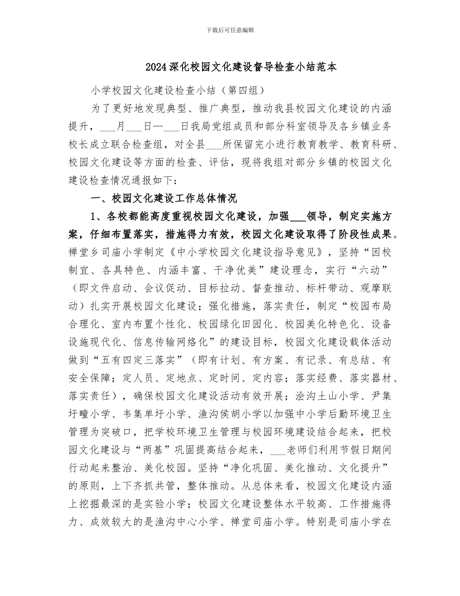 2024深化校园文化建设督导检查小结范本_第1页