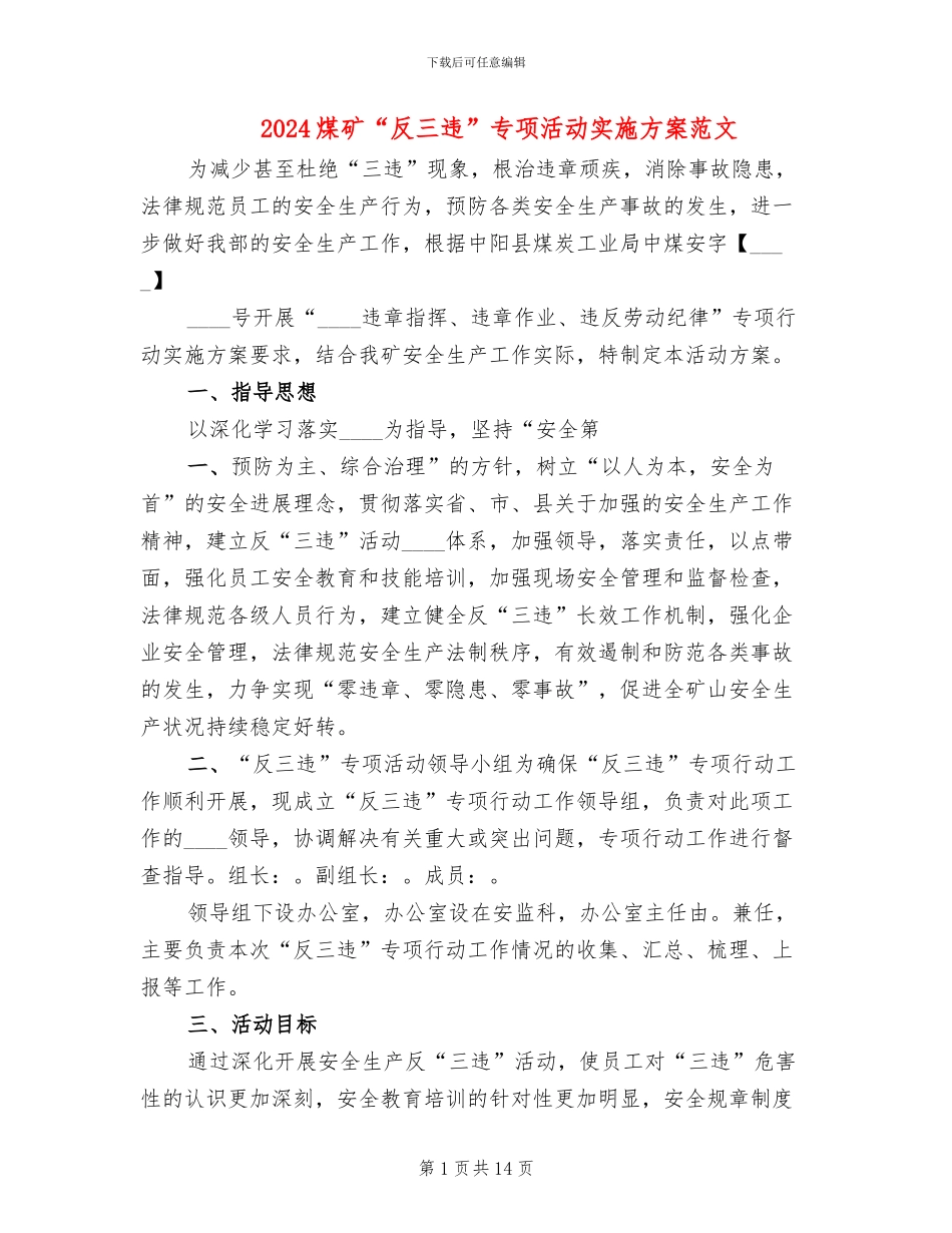 2024煤矿“反三违”专项活动实施方案范文_第1页