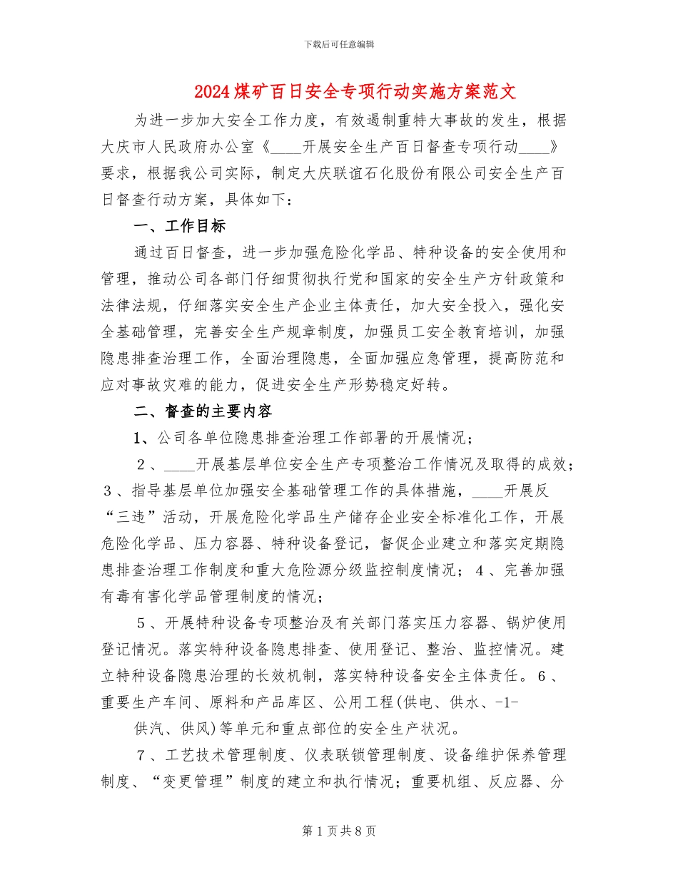 2024煤矿百日安全专项行动实施方案范文_第1页