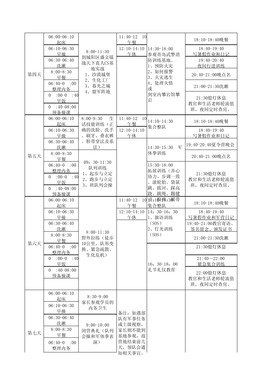 7天6夜军事拓展夏令营活动课程表_第2页