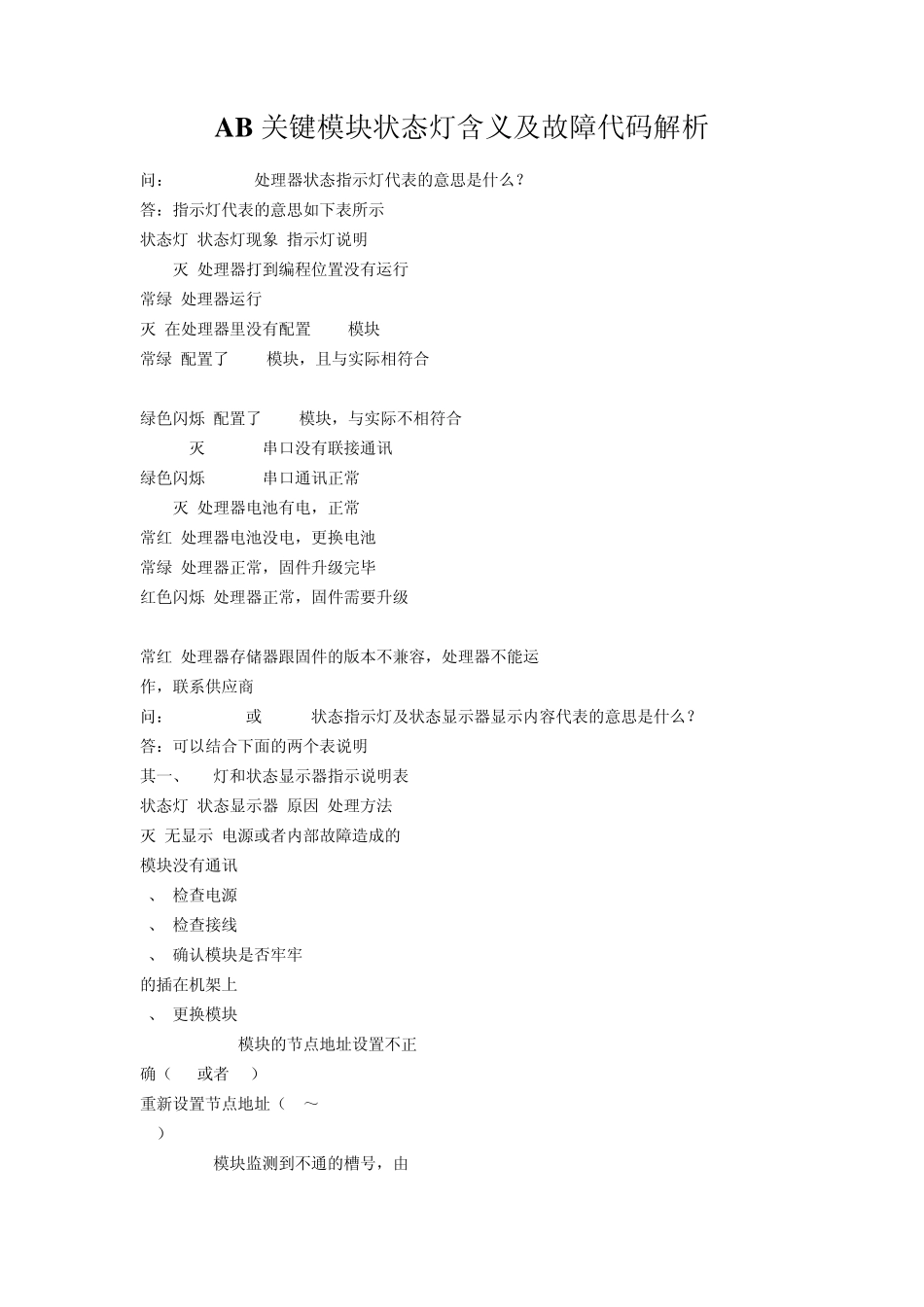 AB关键模块状态灯含义及故障代码解析_第1页
